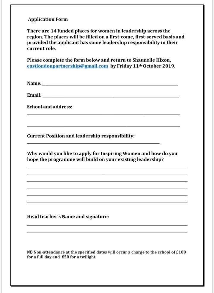 Kate Fallan (@kfallan) on Twitter photo Do you have some leadership in your current role and are thinking of applying for your next leadership role?
The @EastLdnTSA are running a full funded <a href="/EqualityHubEast/">Equality and Diversity in Education Hub East NEL</a> programme, Inspiring Women, for 14 women.
See eleysp.co.uk/eleysp/site/pa… for details and application form
#WomenEd Do you have some leadership in your current role and are thinking of applying for your next leadership role?
The @EastLdnTSA are running a full funded <a href="/EqualityHubEast/">Equality and Diversity in Education Hub East NEL</a> programme, Inspiring Women, for 14 women.
See eleysp.co.uk/eleysp/site/pa… for details and application form
#WomenEd