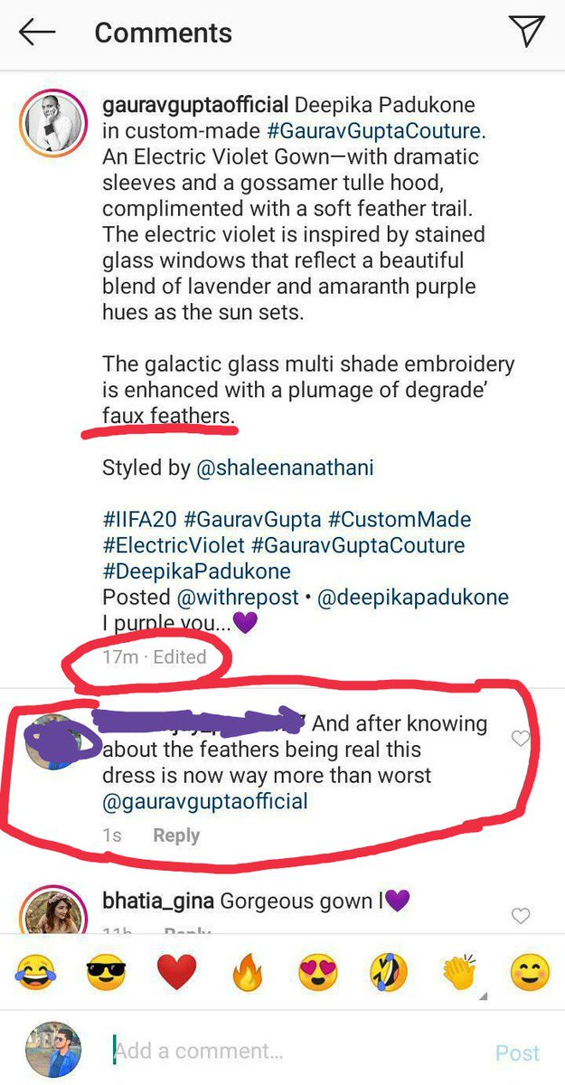 AsmitaUpadhyay9's tweet photo. #AnimalCruelty 
@deepikapadukone wore some purple gown designed by @GG_Studio . 
Well I enquired about the feathers being used in the gown if were real. Well it seems it hurt @GG_Studio so much that he deleted all my comments. And also edited the caption. Proof is in pictures! https://t.co/oxg5sZY58P