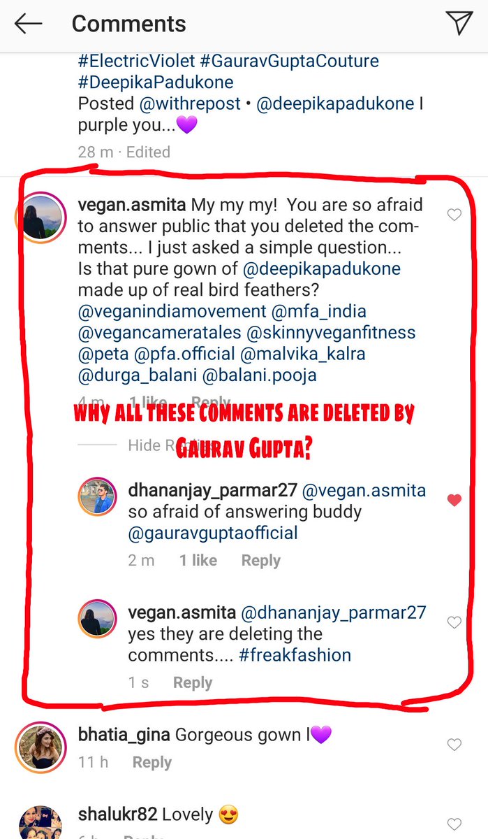 AsmitaUpadhyay9's tweet photo. #AnimalCruelty 
@deepikapadukone wore some purple gown designed by @GG_Studio . 
Well I enquired about the feathers being used in the gown if were real. Well it seems it hurt @GG_Studio so much that he deleted all my comments. And also edited the caption. Proof is in pictures! https://t.co/oxg5sZY58P
