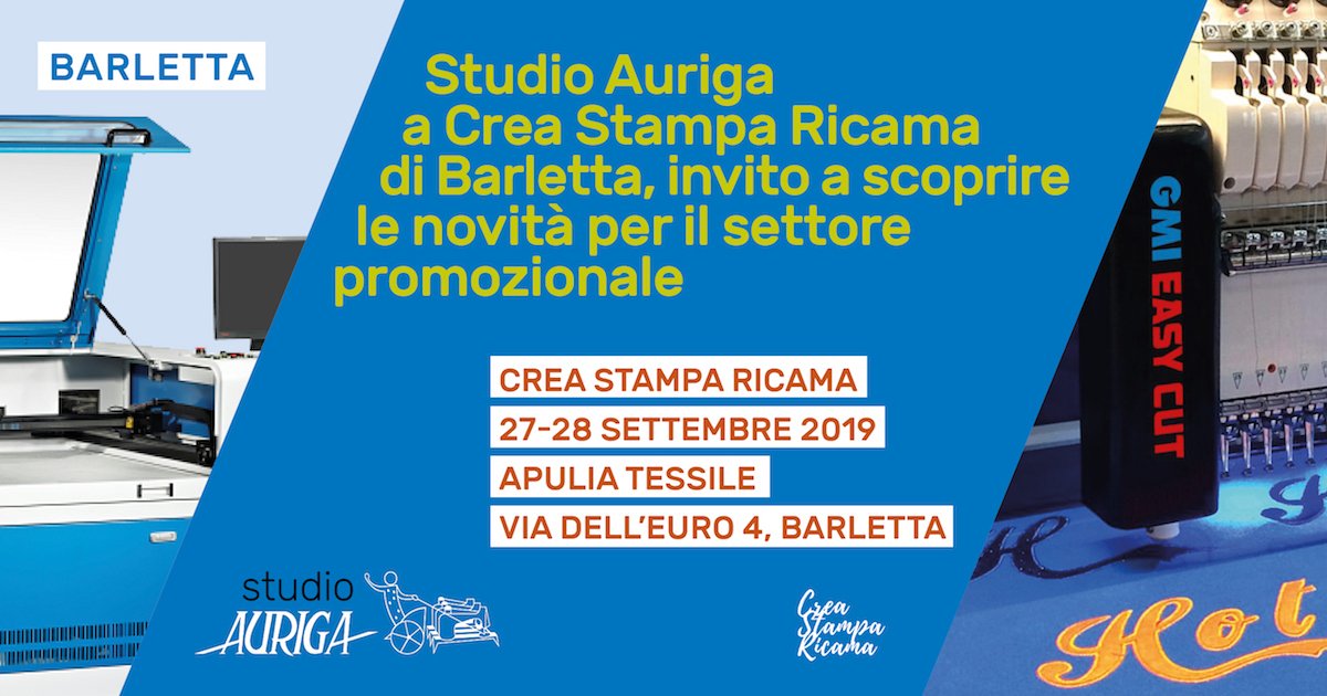 studioauriga's tweet photo. T'invitiamo in Puglia a scoprire i macchinari Tajima e GMI dedicati al settore promozionale. Info https://t.co/wInApxbD5x #macchinadaricamo #plotterlaser #tajima #gmi https://t.co/oLQcjy6JwD