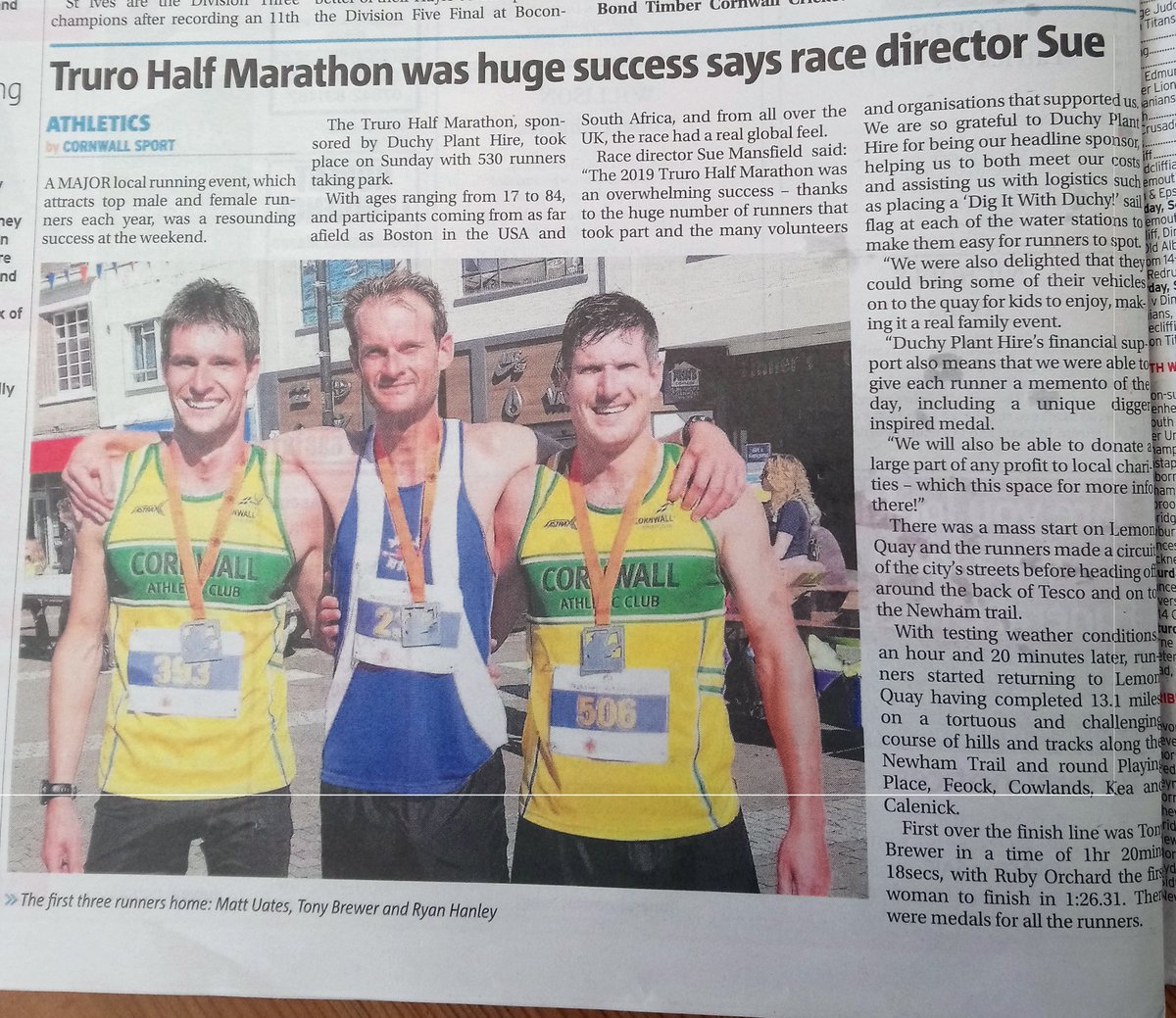 Front page of the <a href="/WestBriton/">West Briton</a>!!!
Top coverage from them for the Truro Half Marathon. Front page in the Truro edition, +2 pages inside across all editions. They've been so supportive before the event, on the day, and now this!
#TruroHalfMarathon #ProudSponsors <a href="/TruroRC/">Truro Running Club</a>