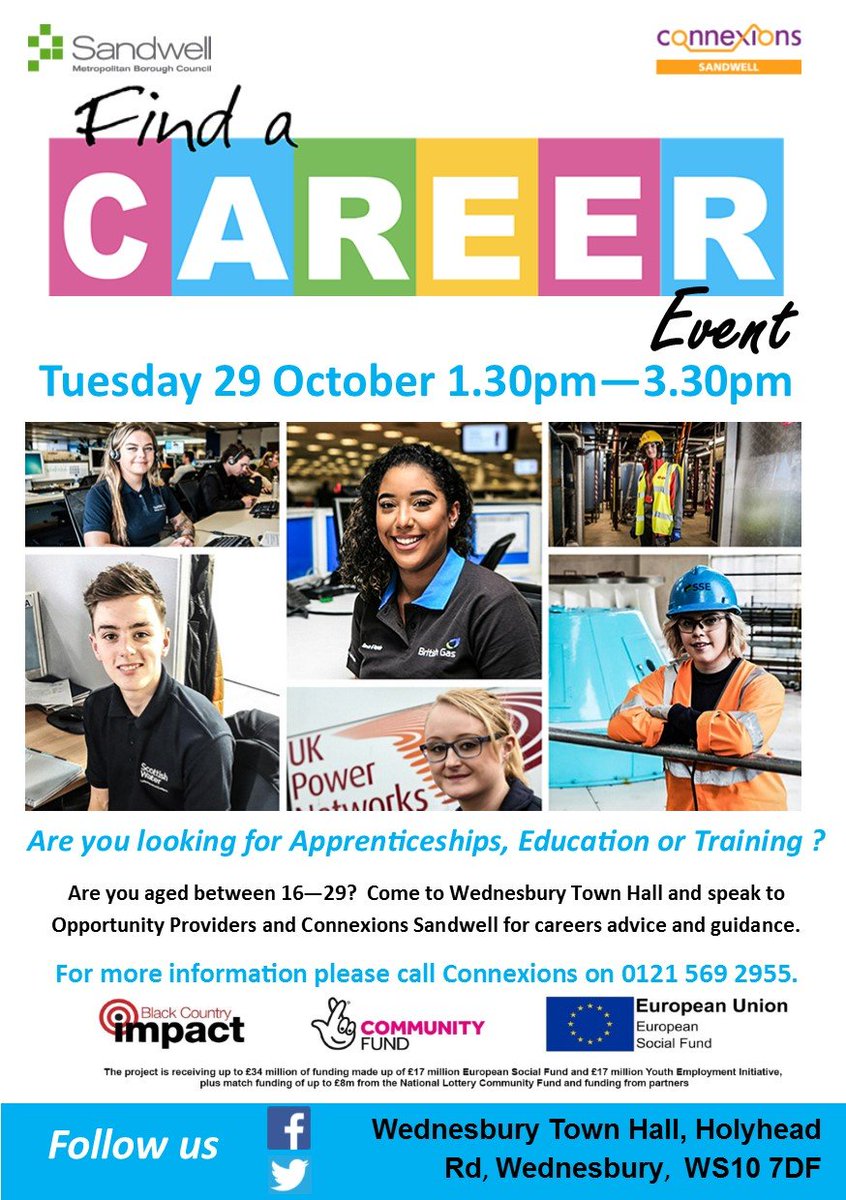 Looking for training, apprenticeship, short courses? Find a Career event week will start at Wednesbury Town Hall on Tues 29 October 1.30pm - 3.30pm. Featuring @SkillsTrain_UK <a href="/learnsafl/">Sandwell Adult Education</a> <a href="/juniperwbury/">Juniper Wednesbury</a> <a href="/BC_Impact/">Black Country Impact</a> <a href="/sandwellcouncil/">Sandwell Council</a>