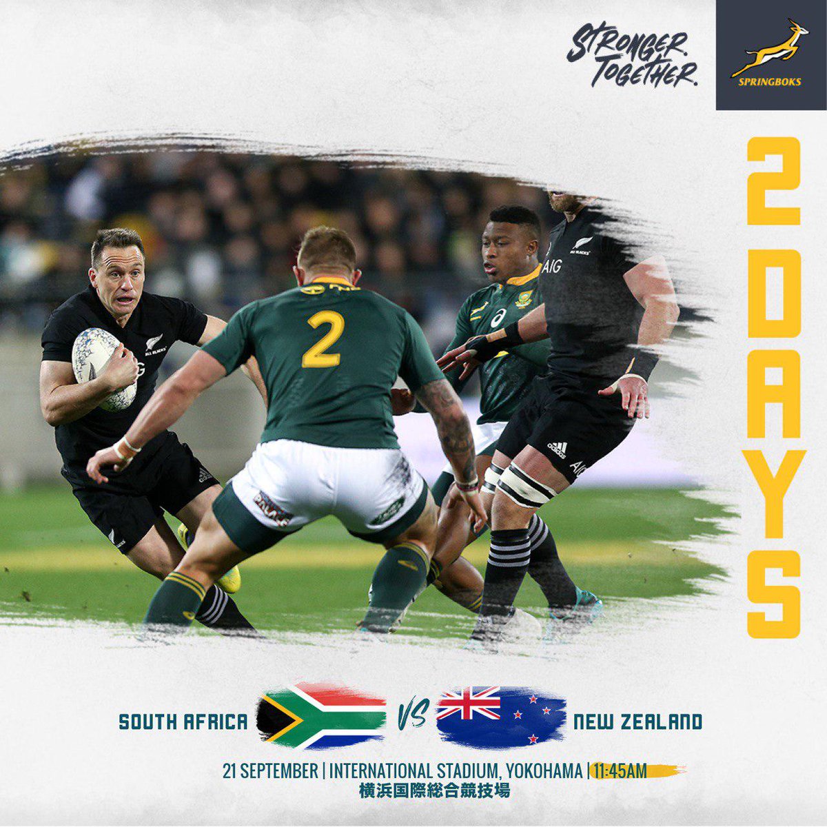 GovernmentZA's tweet photo. We urge all to rally behind and support our national rugby team @Springboks as they face the All Blacks at Yokohama’s International Stadium on Saturday. The Boks are carrying the hopes and aspirations of all South Africans. #StrongerTogether #RWC2019 #RWCYokohama https://t.co/lxRyDt2XXM
