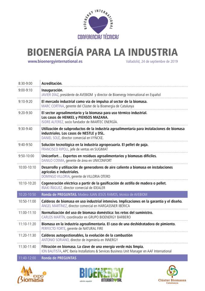 Bioenergy_SPAIN's tweet image. AGENDA de las conferencias #BIOENERGÍA_para_INDUSTRIA que organizamos en @EXPOBIOMASA el 24-sept.
Con @clusterbiomassa @AAF_Intl @Bioenergyberica @iDealer_Froling #hargassner @ImartecEnergia @InnergyNews #naturalfire @sugimatSL @Uniconfortsrl @VYNCKE_NV 
bit.ly/agendaCTBIE19@…