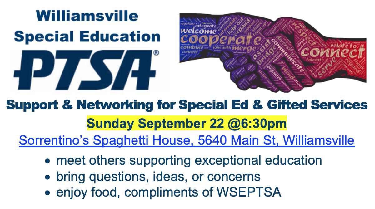 WSeptsa's tweet photo. WCSD parents, guardians, staff, & teachers interested in #SpecialEd or #GiftedServices, join us Sun 9/22, 6:30p - 8p for conversation, camaraderie, & casual cuisine at Sorrentino's https://t.co/nZ2kWlFG1I. Find our upcoming events: https://t.co/LGCHVIOy2w https://t.co/XXaKEOYL6Y