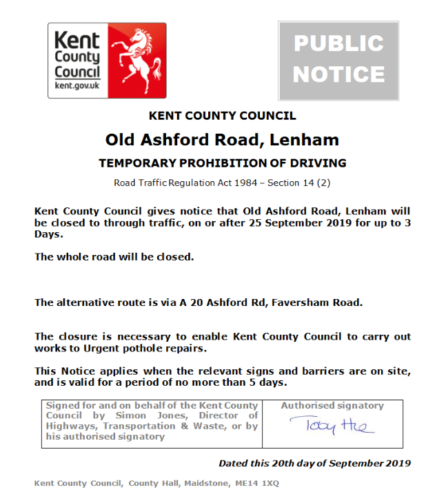 KentHighways's tweet photo. Lenham, Old Ashford Road: Closed 25th September for up to 3 days to allow for @KentHighways urgent pothole repair works. The whole road will be closed. Alternative route is via A20 Ashford Rd, Faversham Road #KentPotholes #KentResurfacing #PotholeBlitz: https://t.co/1ngiOVKF64 https://t.co/UlZ7unyxXR