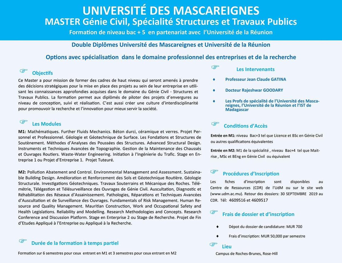 | MASTER Génie Civil, Spécialité Structures et Travaux Publics |

🔻 Telecharger le formulaire d’inscription ici : bit.ly/MasterGCstp

#master #masterdegree #postgraduate #postgraduatedegree #civilengineering #engineering #btp #structures #géniecivil #parttime #tempspartiel
