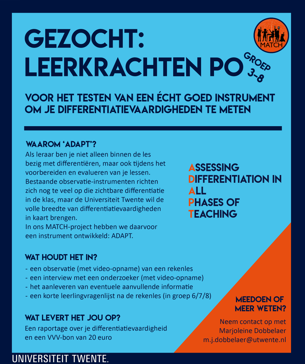 MATCH_UT_UM's tweet photo. Voor het testen van ons instrument om de volle breedte van differentiatie te meten zijn we op zoek naar leerkrachten PO (gr3-8)! We willen in november een rekenles observeren en je daarover interviewen (+video-opnames), als dank krijg je een rapportage en VVV-bon van 20 euro. https://t.co/lDalRzmKgm