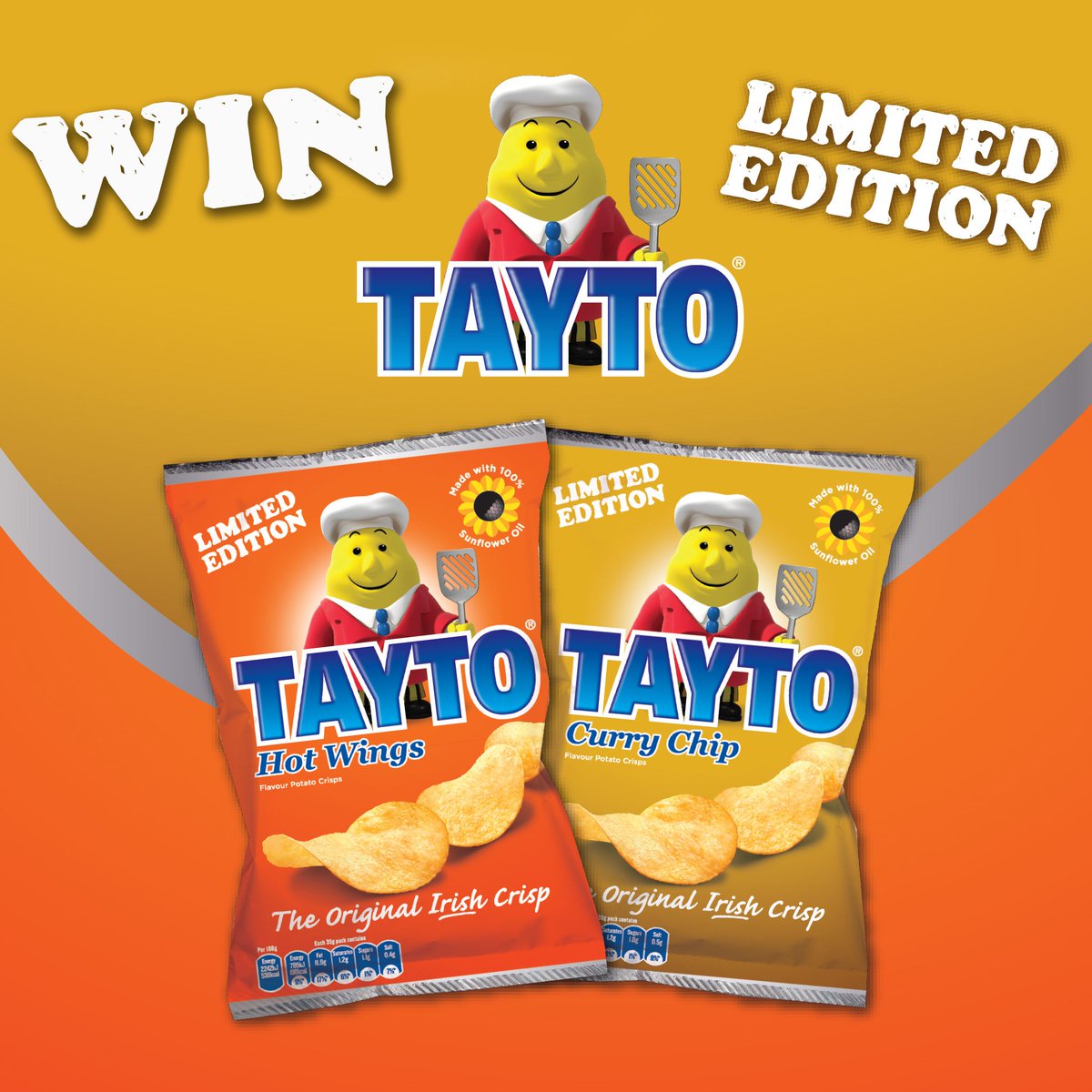 MrTaytoIreland's tweet image. Happy Friday spuds! Who wants to win a box of my NEW Limited Edition flavours?? Just tell me which flavour you want to try first, Curry Chip or Hot Wings, for a chance to win!