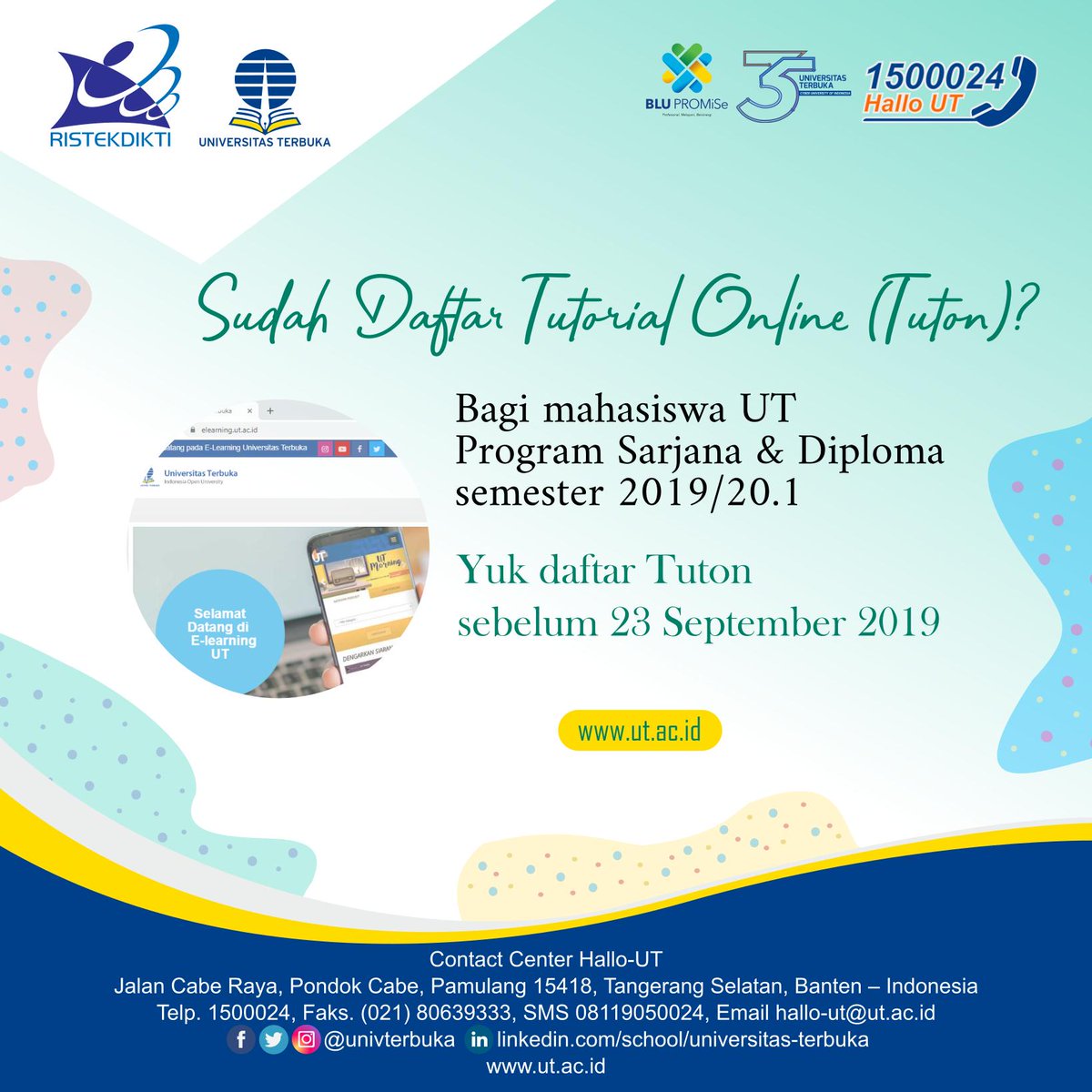 UnivTerbuka's tweet photo. Selamat sore Sahabat UT. Sudah daftar Tutorial Online (Tuton)?
Bagi mahasiswa UT program Sarjana dan Diploma semester 2019/20.1 yuk segera lakukan langkah-langkah berikut.
#UniversitasTerbuka #InfoUT #ElearningUT #Tuton https://t.co/nrox0NtNvI