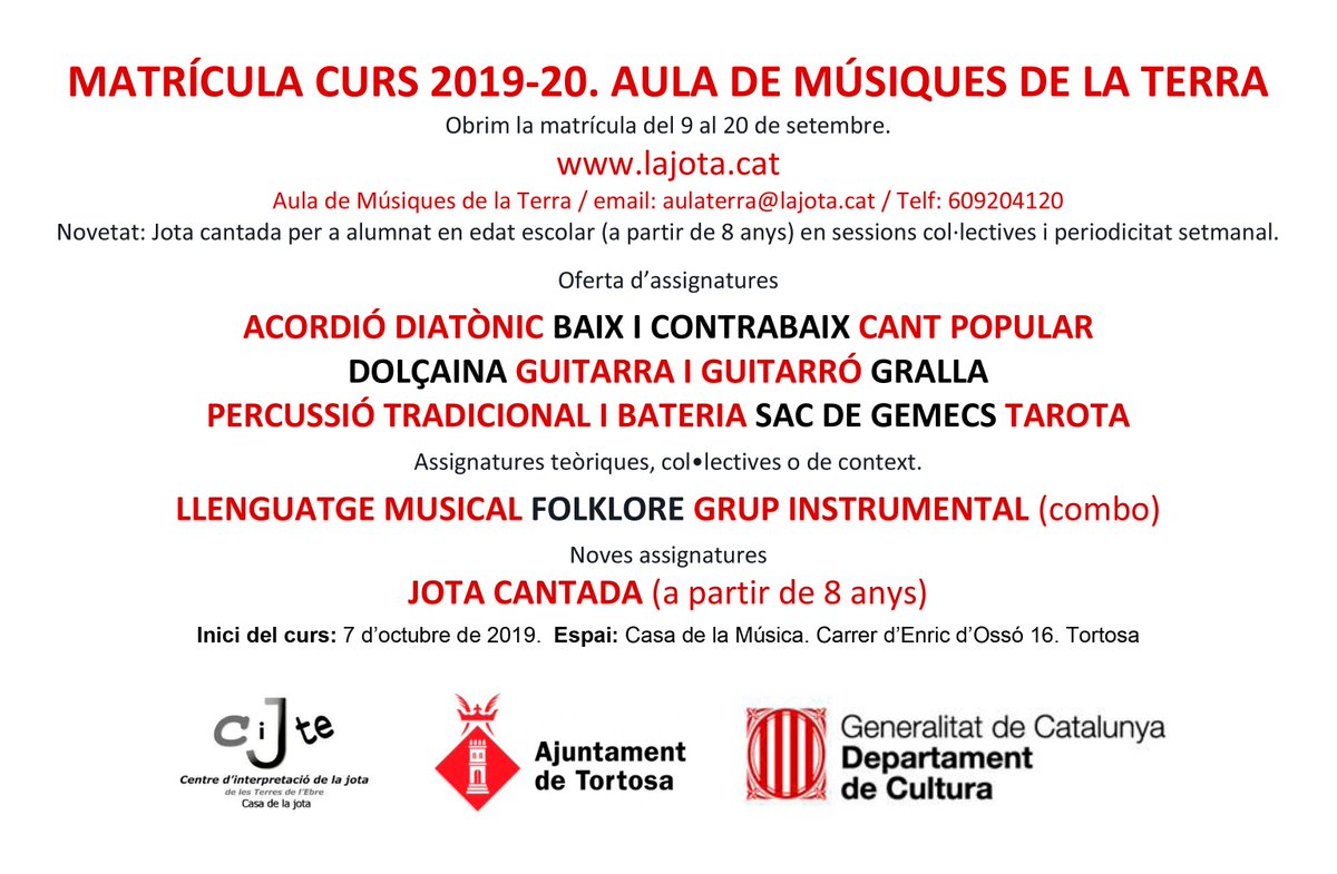 ENCARA ET POTS INSCRIURE A L'AULA DE MÚSIQUES DE LA TERRA.
Matrícula oberta fins a les 24.00 d'avui 20 de setembre.
lajota.cat/cursos/aula-de…