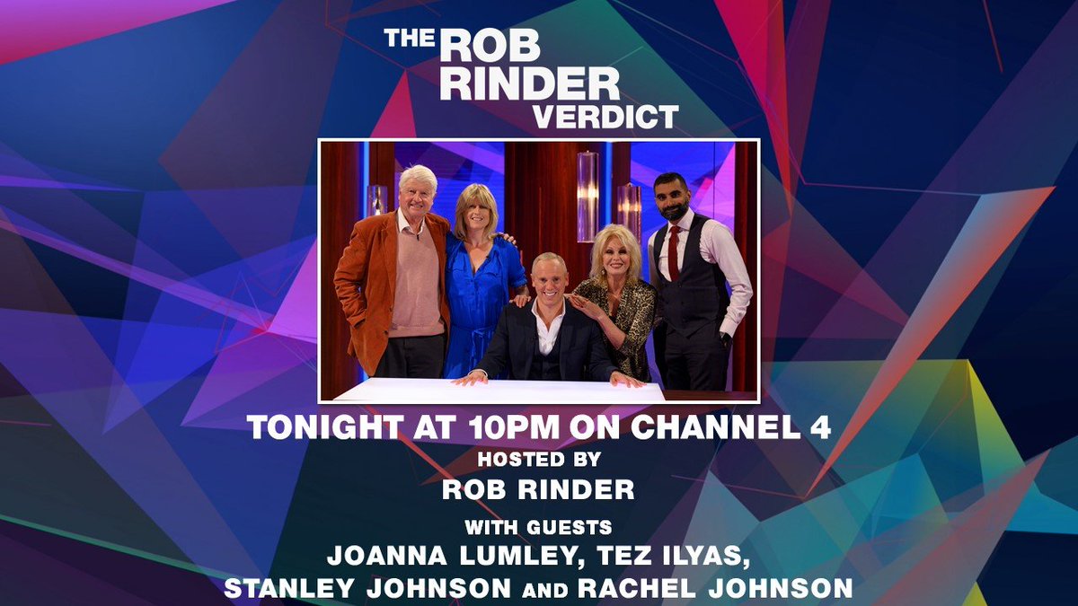 RinderVerdict's tweet photo. Don't miss the final #RobRinderVerdict where @RobbieRinder is joined by Joanna Lumley, @tezilyas, Stanley Johnson and @RachelSJohnson

📺Tonight at 10pm on @Channel4📺 https://t.co/A2ztU4DQiS