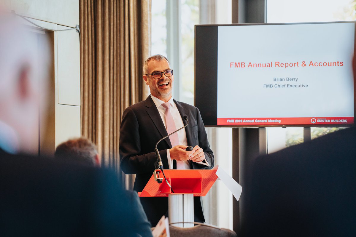 Our CEO <a href="/BrianBerryFMB/">Brian Berry</a> gives a punchy presentation at the #AGM of <a href="/fmbuilders/">FMB: Master Builders</a>’ top 10 achievements over the past year! There’s so much to be proud of! Now for the fun bit... #MBAWARDS 🏆🧱 🎉