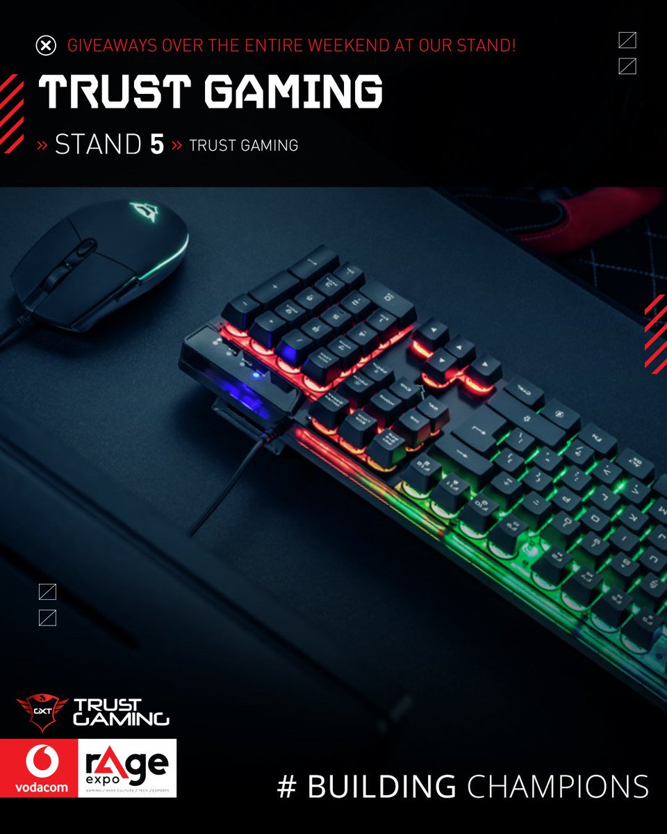 ApexIntSA's tweet photo. #Stand5 @rAgeExpo will feature all the latest gear for you to try, international representatives of the @TrustGamingGXT brand to answer your questions, and plenty of things to give away.
#BuildingChampions #TrustGaming
https://t.co/Pc4sA3N1T2 | 27 - 29 September 2019 https://t.co/oPWNoDV2WD