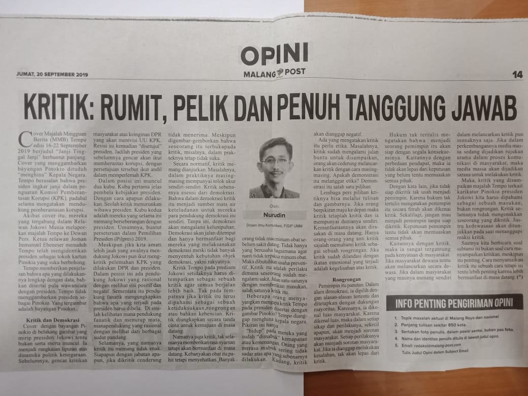 nurudinwriter's tweet photo. Kritik: Rumit, Pelik dan Penuh Tanggung Jawab. Opini saya soal cover majalah Tempo dan Pinokio itu di Malang Post (20/9/19). #malangpost
#nurudin #tempo #covertempo
https://t.co/72l9Sa5Z02 https://t.co/vwHYs0xJPJ