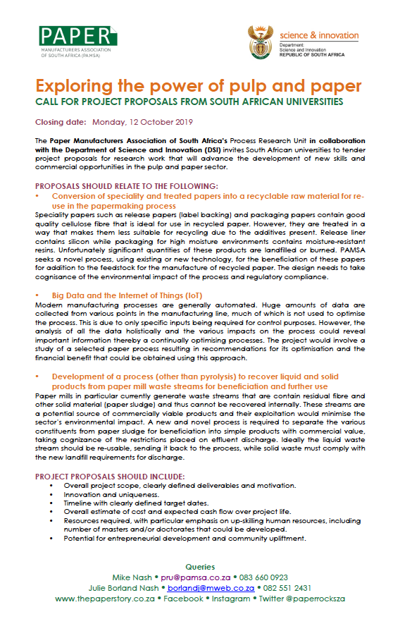 pamsaofficial's tweet photo. THREAD | Our Process Research Unit with @dsigovza invites SA universities to tender project proposals for #research work that will advance the development of new skills & commercial opportunities in the #pulp & #paper sector. #fibrecircle #recyclepaperza #thepaperstory https://t.co/eSgTKs3RRb