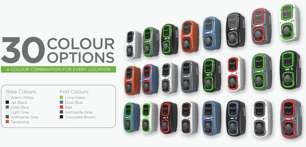 There are 30 colour combos available from <a href="/RolecEV/">Rolec</a> so why not can match your #EV chargepoint to your car, front door or garage door and also save £500 with @OLEVgovuk 
Contact us 0330 666 0100 or visit homecarcharging.org.uk