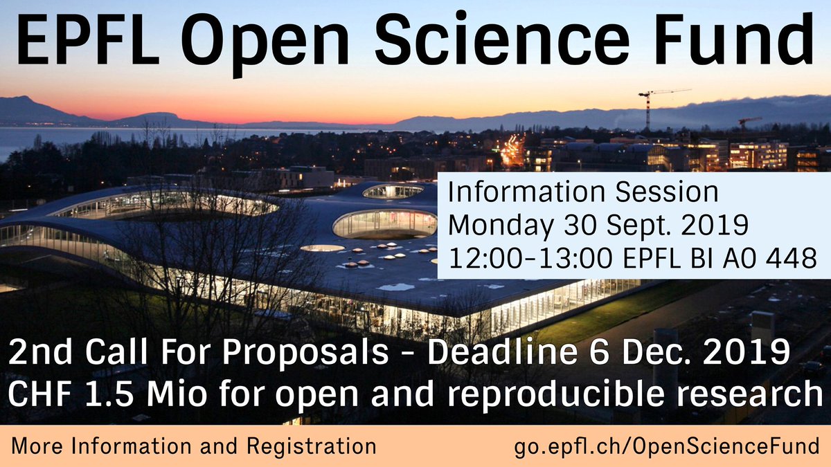 EPFLOpenScience's tweet image. FUNDING OPPORTUNITY! - The 2nd call for the EPFL  #OpenScienceFund is open! With up to CHF 300k per project. Register for the information session Monday, Sept 30th 2019 (12.00 - 1.00pm). Questions welcome! forms.gle/YEmYFW9yhFQHos… #OpenScience