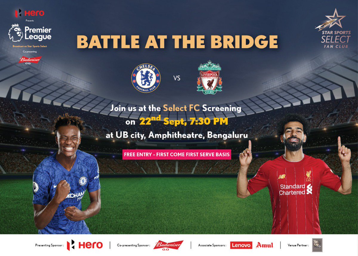 StarFootball's tweet photo. ๐ฃ Calling all โฝ fans in Bengaluru ๐ฃ
UB City Amphitheatre is the place to be this Sunday as #Chelsea host #LFC in what promises to be a ๐ฅ clash in the #PL.
Don't miss a moment of the action from #BattleAtTheBridge at the Select FC Fan Park: https://t.co/1AidVxs47q https://t.co/zbVQJCveDL