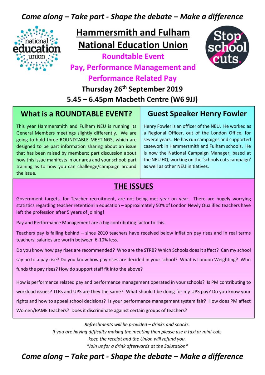NEU_H_and_F's tweet photo. Come along to our first roundtable discussion of the term. Which will be focused around Pay, PM & PRP and it's impact on schools. Thursday 26th Sept Macbeth Centre W6 9JJ. #performancerelatedpay #nationaleducationunion
Please RSVP here https://t.co/ZfN5z5SpAU https://t.co/ECBjsy4CsE