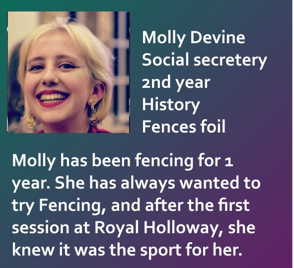 RH_Fencing's tweet image. Today we introduce our social secretary, Molly.

'I’m excited for all the great socials I have planned (obviously!). 
But really, it’s the Women’s Development Team I’m most excited about.'
