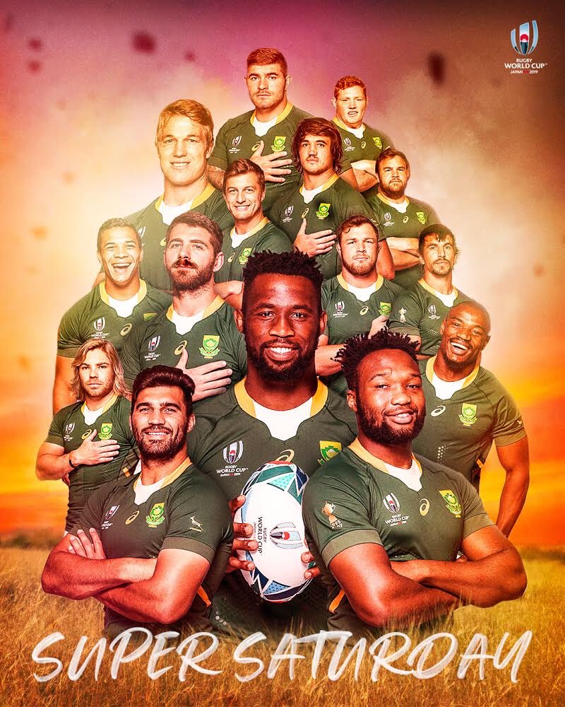 rugbyworldcup's tweet photo. We’re in for a #SuperSaturday tomorrow at #RWC2019! 🙌

Who wins between #NZLvRSA? 🤔 https://t.co/gP6LnzlBl9
