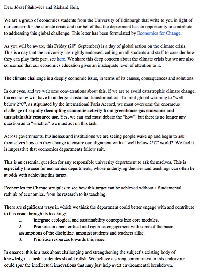 Econ4Change's tweet image. Our letter to the Economics Department at the University of Edinburgh urging them to play their part in addressing the #climatecrisis. 

Signed by over 100 students from @econedinburgh. 

#Economists4Future