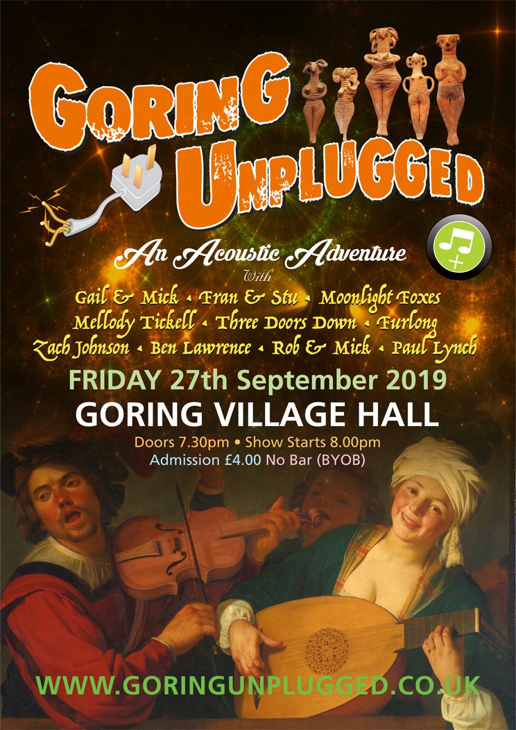 One week, ONE week til our next acoustic adventures with Gail &amp; Mick, Fran &amp; Stu, Moonlight Foxes, Mellody Tickell, Three Doors Down, <a href="/Furlong_Band/">Furlong</a>, <a href="/Zach_Johnsonn/">Zach Johnson</a>, Ben Lawrance, Rob &amp; Mick, AND <a href="/PaulLynchMusic/">Paul Lynch Music</a> 

7pm doors, 8pm music, Adm £4, BYOB @GoringGVH 

#fridaymusicfun