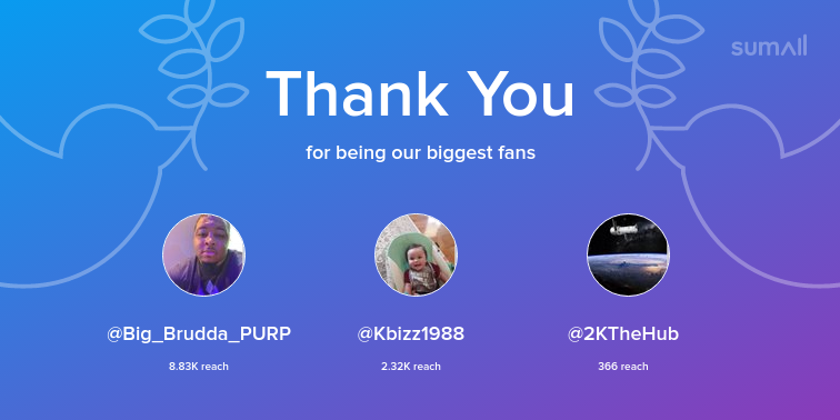 Our biggest fans this week: Big_Brudda_PURP, Kbizz1988, 2KTheHub. Thank you! via sumall.com/thankyou?utm_s…