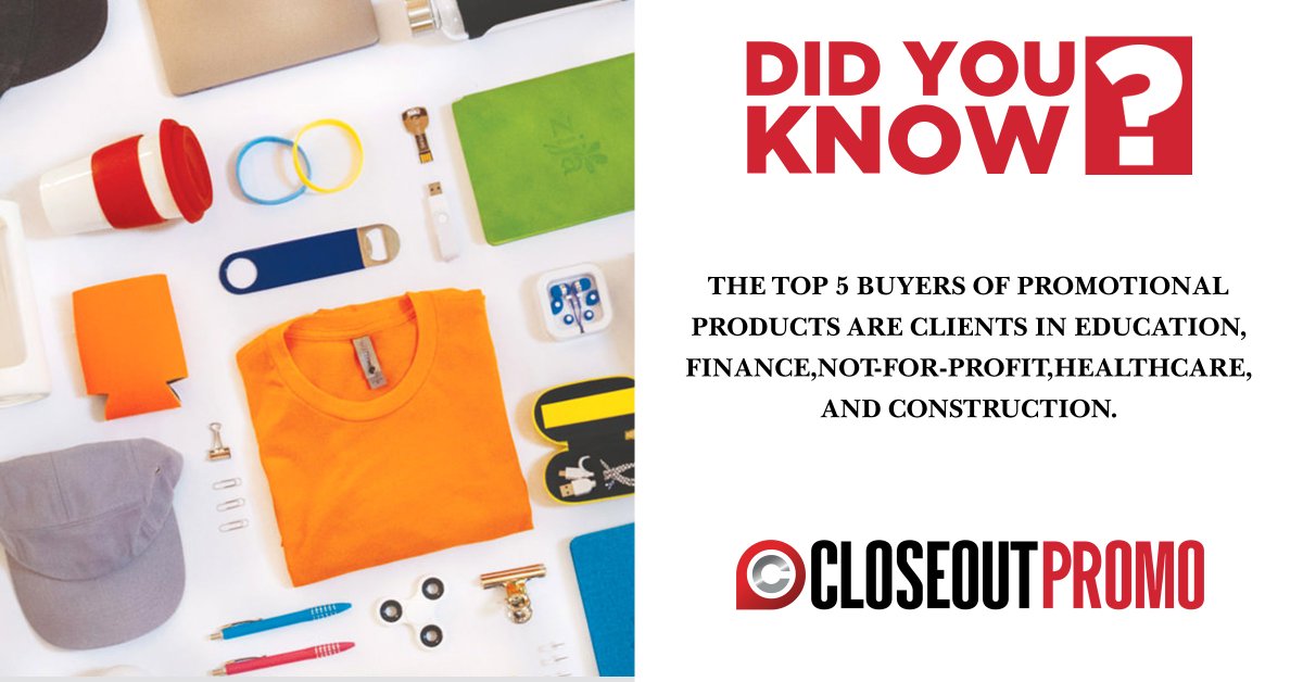 CloseoutP's tweet photo. The top 5 buyers of promotional products are clients in education, finance, not-for-profit, healthcare and construction.
#startup #promotionalproducts #businessowner #marketingstrategy #advertising  #smallbusiness https://t.co/yQzCY6voxf