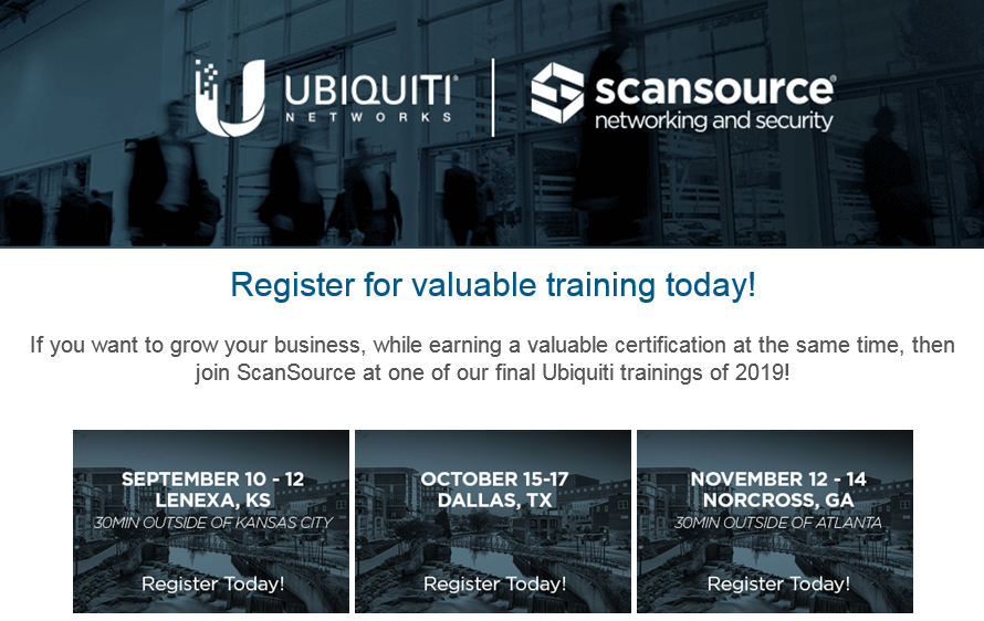 SCSCSecurity's tweet photo. Training coming to you!  ScanSource and @ubnt are coming to Dallas in October! Register here: https://t.co/pbPeAY2kVE https://t.co/s8t8hfasGm