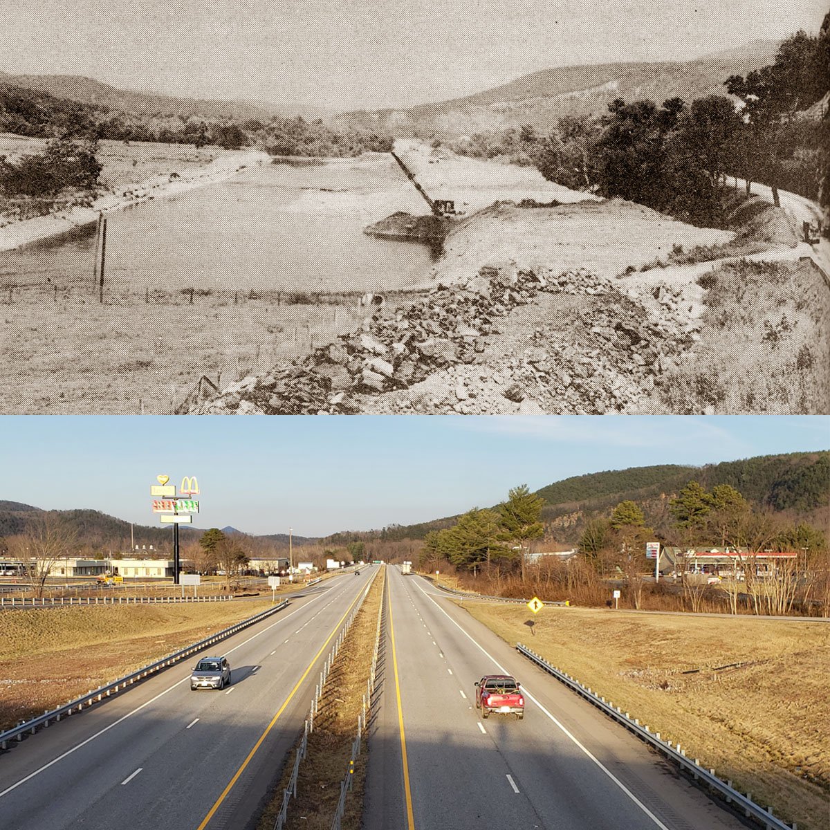 VaDOT's tweet photo. When Route 60 was being rerouted between @CliftonForgeVa and #CovingtonVa in 1954, it required a new channel to be constructed for the #JacksonRiver. In the next decade, this stretch of road became I-64. The relocated river is out of frame to the left of the new photo #FBF #VDOT https://t.co/Cd5sjCmPoc