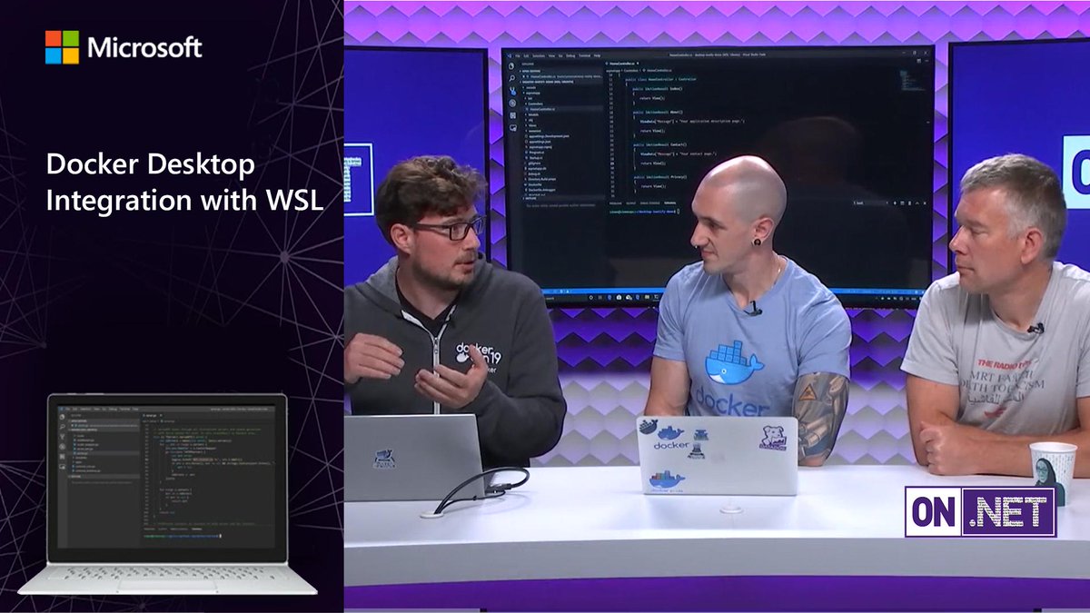 Rich Lander, Simon Ferquel, and Ben De St Paer-Gotch on the set of On dot Net. The title reads "Docker Desktop Integration with WSL".