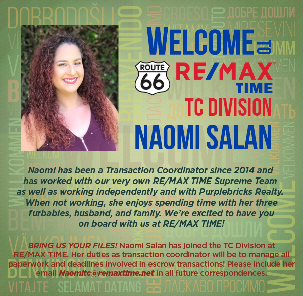 RemaxTime's tweet photo. Welcome Naomi to the #REMAXTIME family! Naomi has joined our #TC Division and will be managing all paperwork and deadlines involved in escrow transactions. We're so pleased and excited to have her with us! Please help us make her feel welcomed here! 😁 https://t.co/Eh7bPe53vM