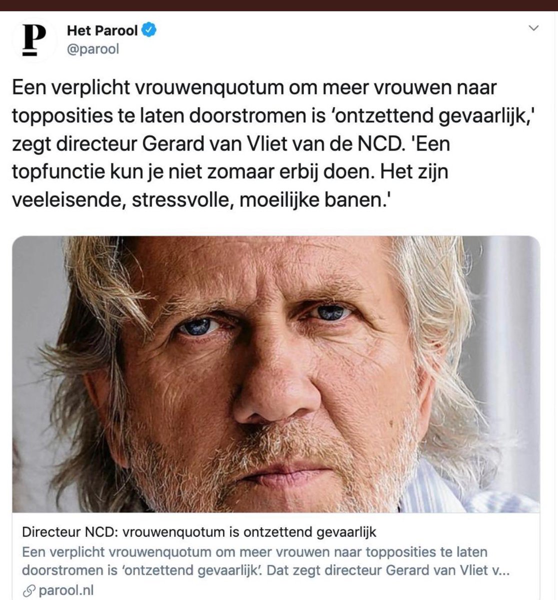 ‘Vrouwenquotum gevaarlijk’ zegt het NL Centrum voor Directeuren. Lees: dat alleen vrouwen topfuncties erbij doen en dat kennelijk die vrouwen de stress niet aankunnen....zie de quote hieronder die doorspekt is met aannames en oordelen. #kortzichtig #achterhoedegevecht #ncd