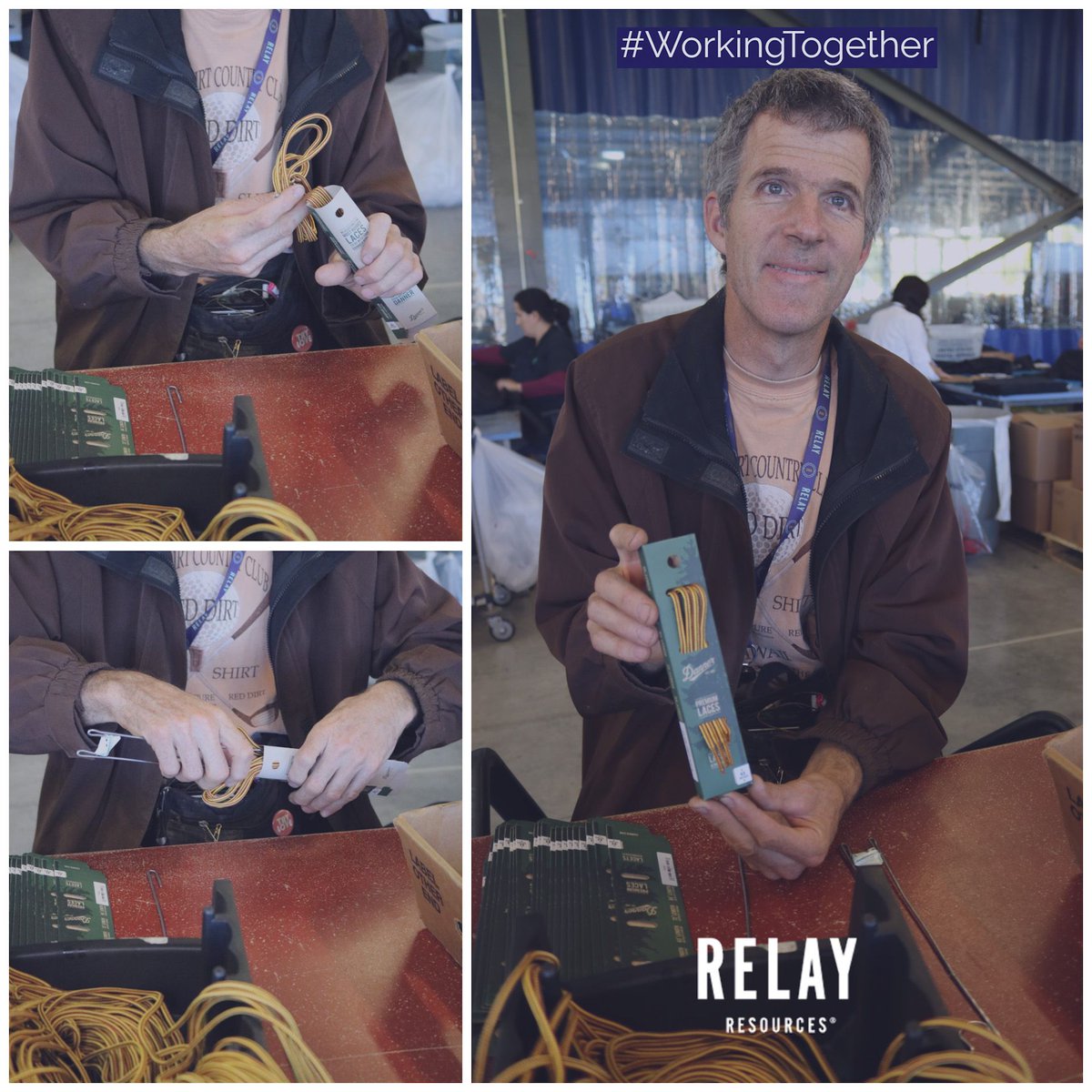 RelayResources's tweet photo. No knots in these laces! Steve helps us box @Danner boot laces to get them ready for store shelves. Relay Resources is the perfect fit for hands-on packaging projects like these! #handpackaged #workingtogether #danner #nonprofit #PWD #disabilityemployment https://t.co/Ojozk05PBd