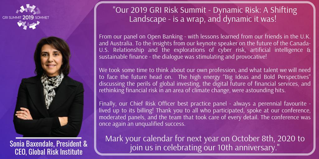 globalriskfs's tweet photo. Sonia Baxendale, our President & CEO, has a few closing remarks about this year's #GRISummit and shares some exciting news about next year's 10th anniversary! https://t.co/oXsBkACfWI