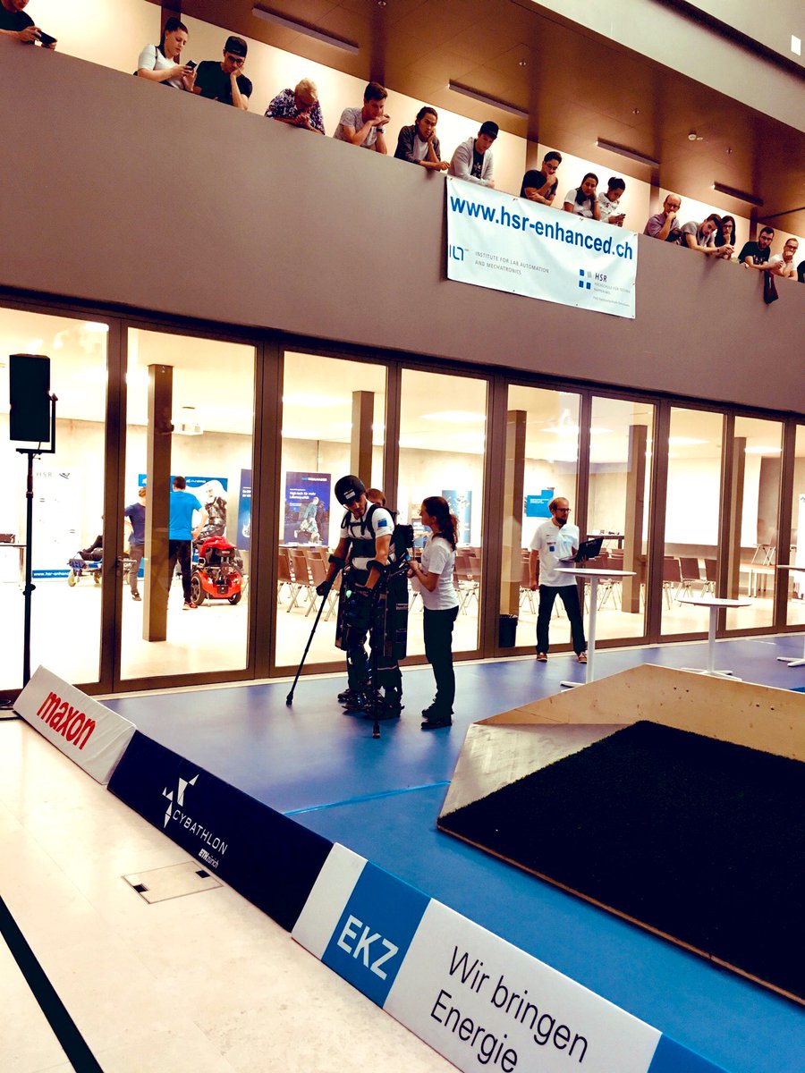 maxonglobal's tweet photo. Today at the CYBATHLON Experience @hsr_rapperswil two teams with their paraplegic pilots demonstrated how current exoskeletons make standing, walking and climbing stairs possible thanks to state-of-the-art assistance technology. #VariLeg #ProjectMarch #CYBATHLON #keepmoving https://t.co/9iZ1AkQxmh