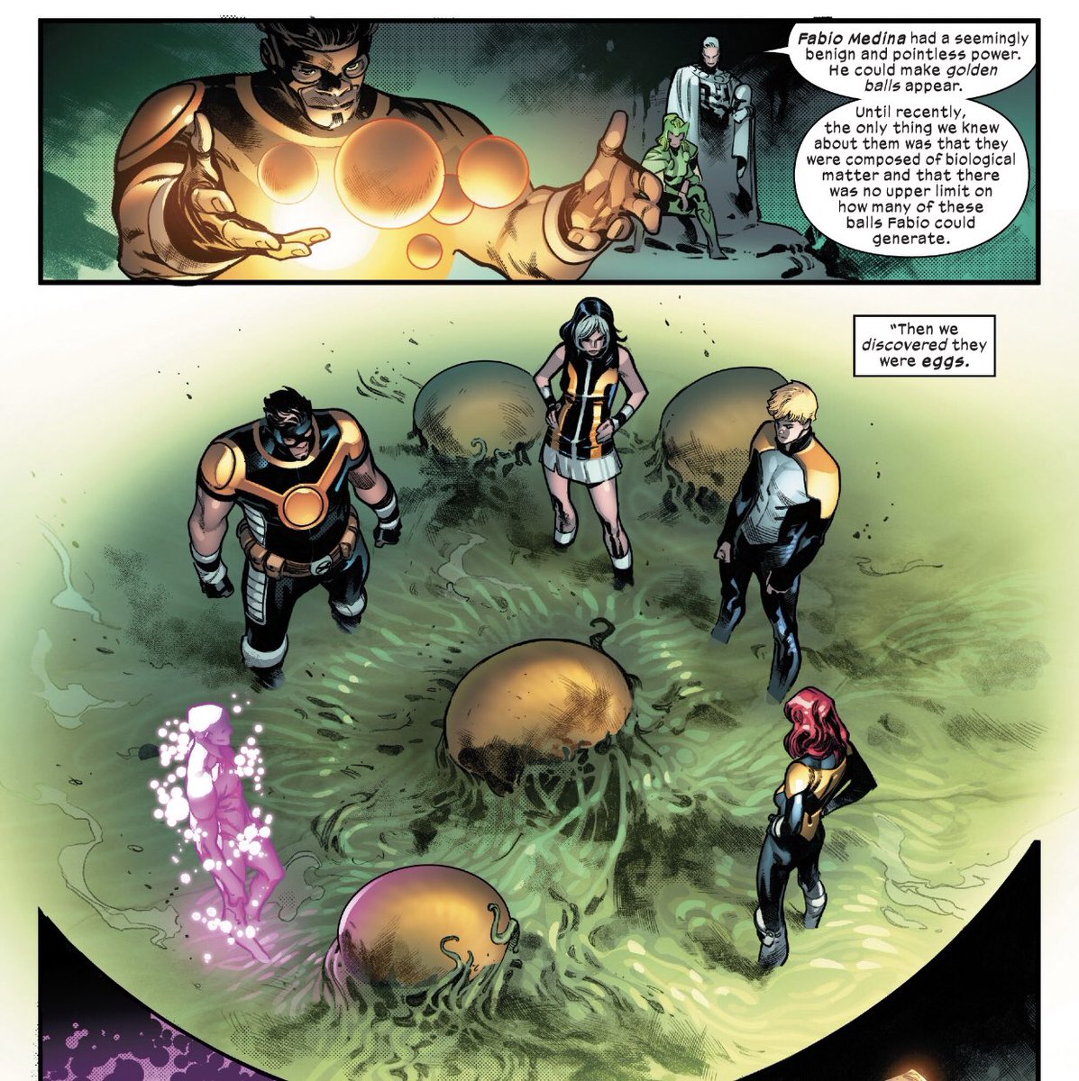 Renagade_11's tweet photo. Also, can we talk about how Hickman shitted on and made Goldballs relevant at the same time ... Goldballs. Fuckin #HickmanIs #HouseOfX https://t.co/GvV7ufKk8r