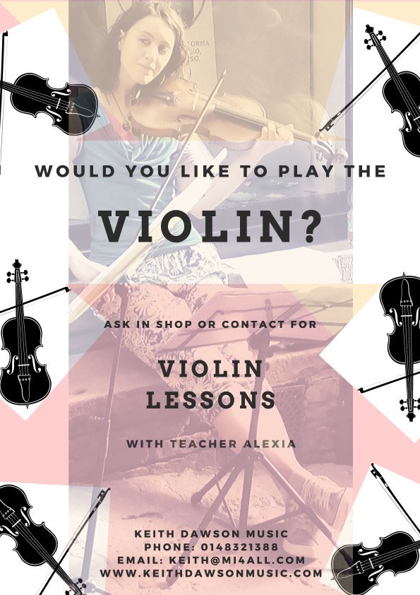 Want to play violin or want your child to. 
We are holding a free violin workshop with Alexia, our violin teacher, on Saturday 5th October, 11-1
Come and try the violin, learn about them and have a free lesson.
Spaces limited so phone the shop or 01484321358 to book your space