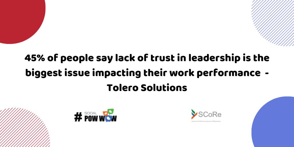 SocialPowWow's tweet photo. 45% of people say lack of trust in leadership is the biggest issue impacting their work performance  - Tolero Solutions #SocialPowWow  #PRschool https://t.co/veKiZa5qfE