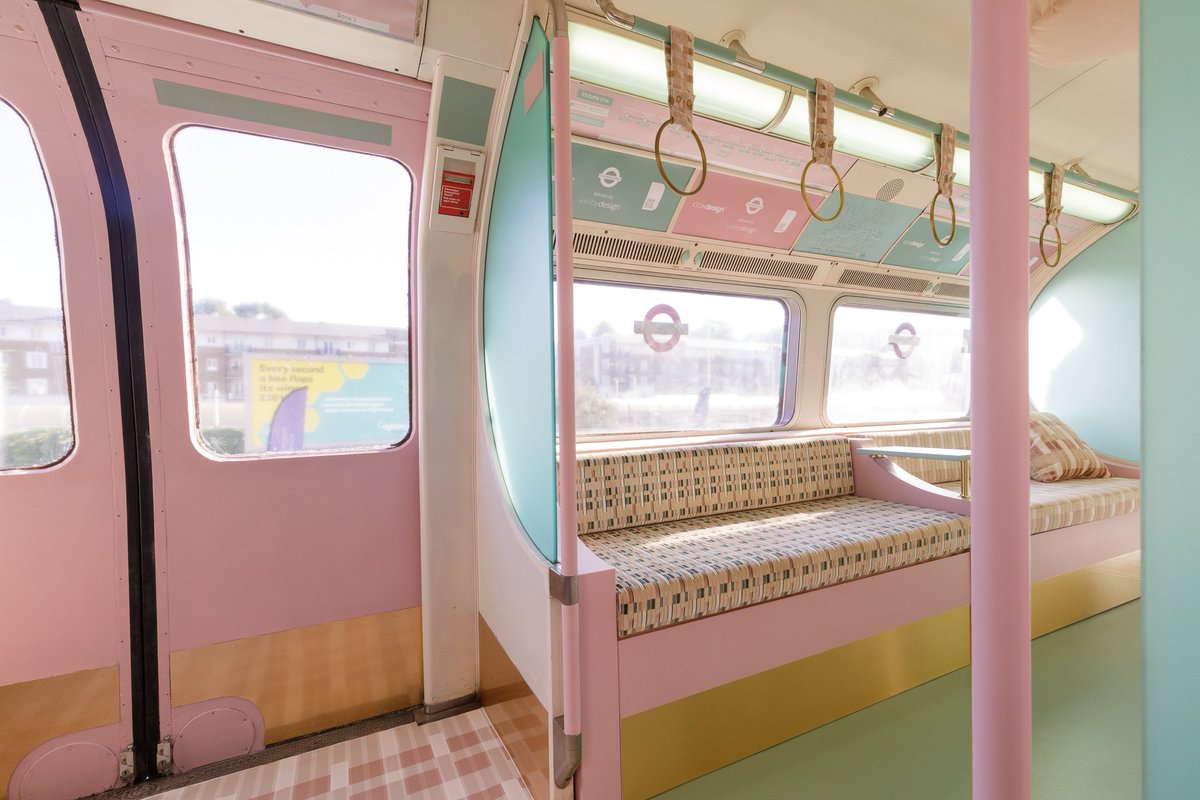 All aboard! Have you taken your seat on <a href="/KirkbyDesign/">Kirkby Design</a>'s pastel coloured tube train at <a href="/designlondon/">Design London Shoreditch</a>? Hop on board to experience their iconic moquette designs. #LDF19 #100Design25 🤩🚋