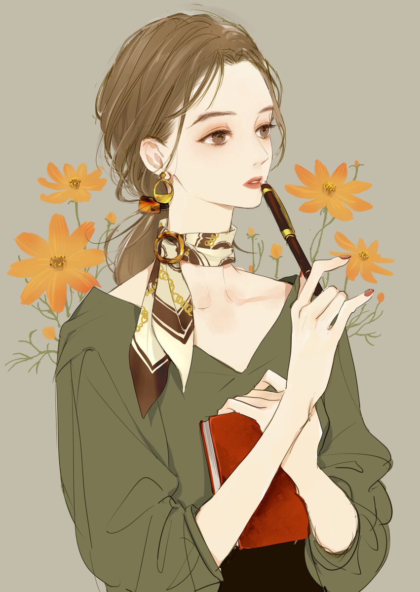 1girl solo holding flower brown hair earrings brown eyes  illustration images