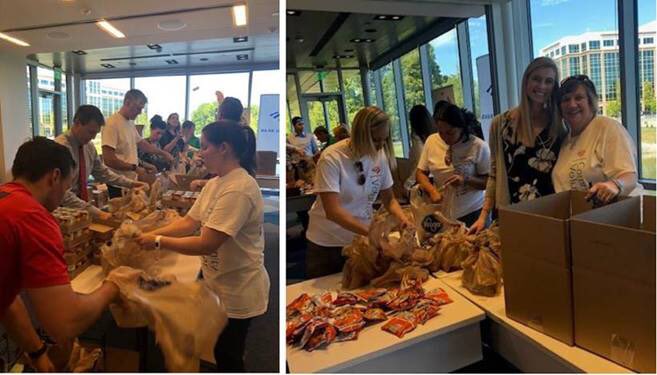 Our workout of the day: packing 3,000 backpacks of food I two hours for kids to take home from school for a weekend meal.  Hard on the muscles, good for the soul.  Thanks for letting us be a part of your work feeding kids @GleanersFBIndy #IndyBofA #BofAVolunteers