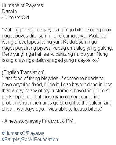 FairplayForAll's tweet photo. A new story every Friday at 8 PM.

#HumansOfPayatas
#FairplayForAllFoundation https://t.co/2Hos3m3g9s