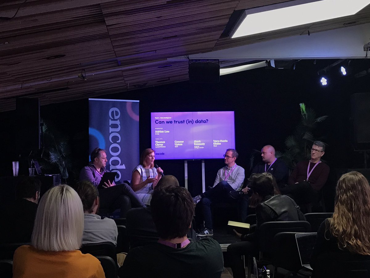 bornphil's tweet photo. Amazing line up discussing trust around data and much much more.  Could have sat there listening for a few hours more  #encode19 #thickdata https://t.co/pUK7wEnWR0