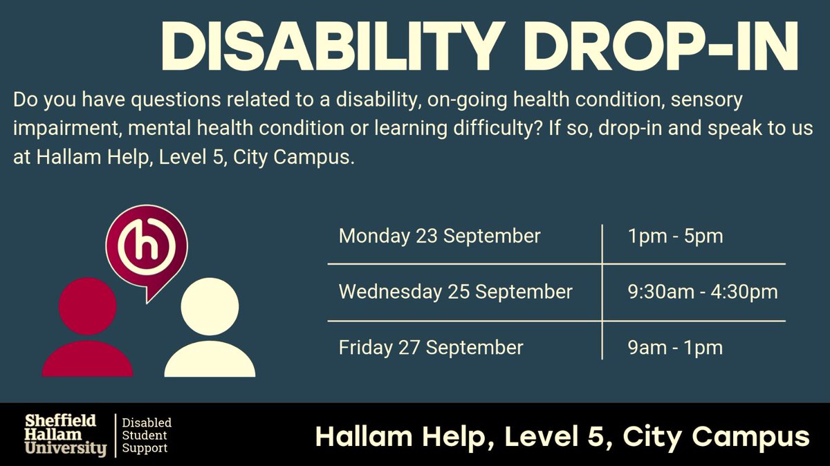HallamHelp's tweet photo. Do you want to know if you could be receiving additional support due to a disability, on-going health condition, sensory impairment, mental health condition or learning difficulty? Come along to one of the additional drop in sessions happening next week.
#HallamTips https://t.co/5GIE2wi6BY