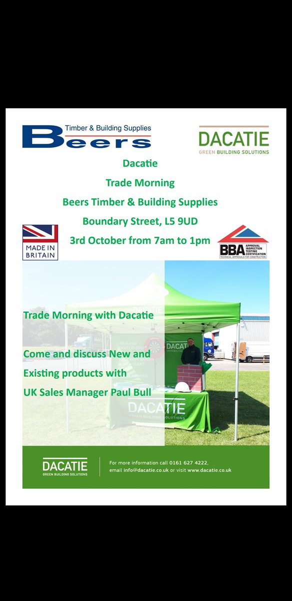 PaulBullDacatie's tweet photo. I will be at Beers Timber & Building Supplies Liverpool on 3rd October for a Dacatie Trade Morning.
If you are a user of Dacatie Products or would like to know more about Dacatie please stop by for a chat.
#dacatie #insulation #cavityclosers #construction #cavitybarriers #qpsl https://t.co/lthT04Vc0c