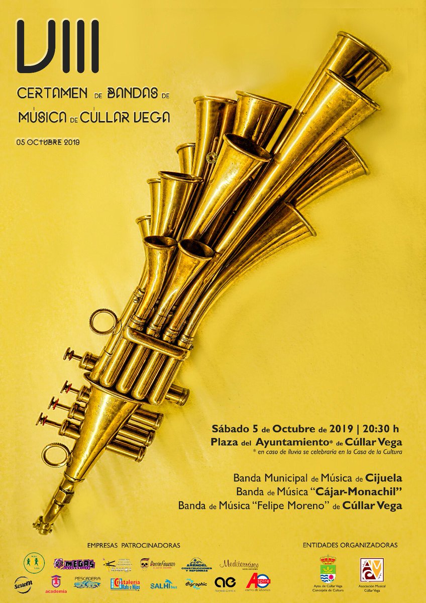 🔴 EVENTOS| El sábado 5 de Octubre de 2019, tendrá lugar el VIII Certamen de Bandas de Música de Cúllar Vega, en el que participarán la #BandadeCijuela , la <a href="/B_CajarMonachil/">Banda Cájar-Monachil</a> , y nuestra formación.

📍Plaza del Ayuntamiento de Cúllar Vega 
⏰ 20:30h 

¡Os esperamos!🎶