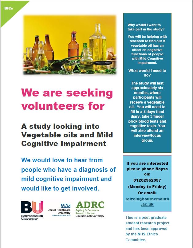 Please share: search volunteers in the South of England #dementia #sunfloweroil #coconutoil #academicresearch #mildcognitiveimpairment #nutrition #memory #qualityoflife @BU_Research @nutri_dementia @BU_CRU @AgeUKSoton @AlzResearchUK @alzheimerssoc @DrAndyMayers @EvanTeijlingen
